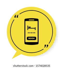 Black Online hotel booking icon isolated on white background. Online booking design concept for mobile phone. Yellow speech bubble symbol. Vector Illustration