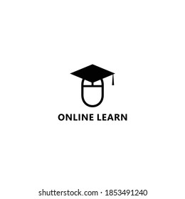 black online learning flat logo with computer mouse given bachelor hat