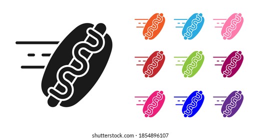 Black Online ordering and hotdog sandwich icon isolated on white background. Sausage icon. Fast food sign. Set icons colorful. Vector