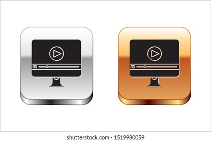 Black Online play video icon isolated on white background. Computer monitor and film strip with play sign. Silver-gold square button. Vector Illustration