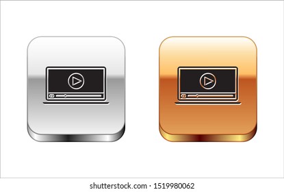 Black Online play video icon isolated on white background. Laptop and film strip with play sign. Silver-gold square button. Vector Illustration