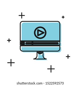 Black Online play video icon isolated on white background. Computer monitor and film strip with play sign.  Vector Illustration