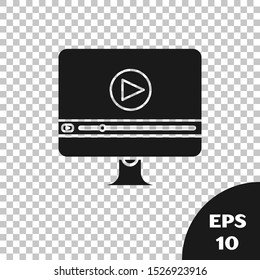 Black Online play video icon isolated on transparent background. Computer monitor and film strip with play sign.  Vector Illustration