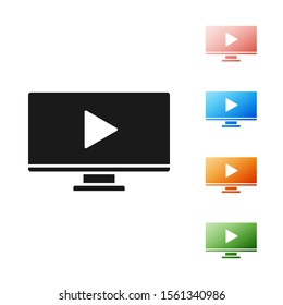 Black Online play video icon isolated on white background. Computer monitor and film strip with play sign. Set icons colorful. Vector Illustration