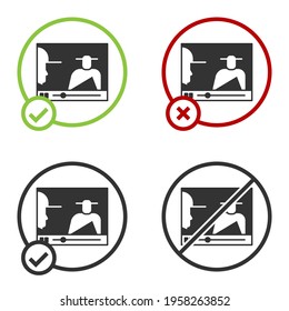 Black Online play video icon isolated on white background. Film strip with play sign. Circle button. Vector Illustration