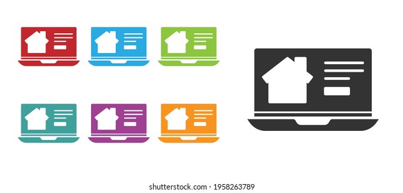 Black Online real estate house on laptop icon isolated on white background. Home loan concept, rent, buy, buying a property. Set icons colorful. Vector Illustration