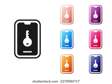 Black Online real estate house on smartphone icon isolated on white background. Home loan concept, rent, buy, buying a property. Set icons colorful. Vector