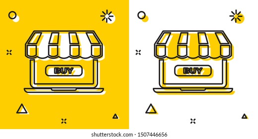 Black Online shopping concept. Buy on screen laptop icon isolated on yellow and white background. Concept e-commerce, online business marketing. Random dynamic shapes. Vector Illustration
