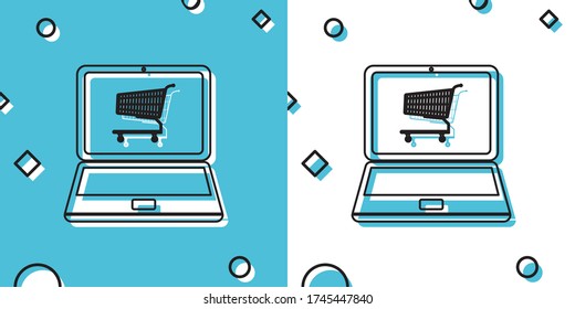 Black Online shopping concept. Shopping cart on screen laptop icon isolated on blue and white background. Concept e-commerce, online business marketing. Random dynamic shapes. Vector Illustration