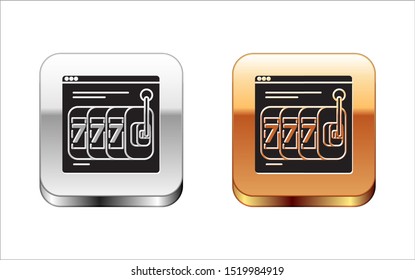 Black Online slot machine with lucky sevens jackpot icon isolated on white background. Online casino. Silver-gold square button. Vector Illustration