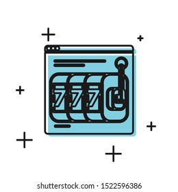 Black Online slot machine with lucky sevens jackpot icon isolated on white background. Online casino.  Vector Illustration