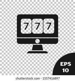 Black Online slot machine with lucky sevens jackpot icon isolated on transparent background. Online casino.  Vector Illustration