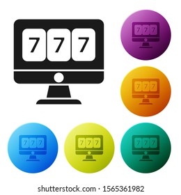 Black Online slot machine with lucky sevens jackpot icon isolated on white background. Online casino. Set icons colorful circle buttons. Vector Illustration