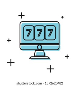 Black Online slot machine with lucky sevens jackpot icon isolated on white background. Online casino.  Vector Illustration