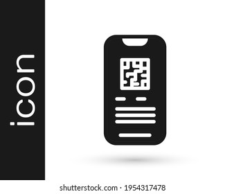 Black Online ticket booking and buying app interface icon isolated on white background. E-tickets ordering. Electronic train ticket on screen.  Vector