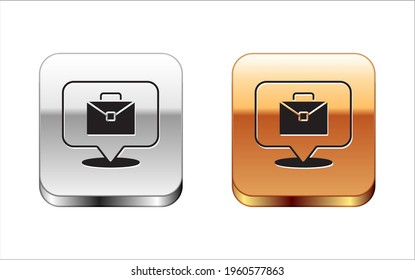 Black Online working icon isolated on white background. Freelancer man working on laptop at his house. Remote work. Distant job concept. Silver and gold square buttons. Vector