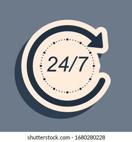 Abierto negro 24 horas al día y 7 días a la semana icono aislado en fondo gris. Icono cíclico de todo el día. Estilo de sombra largo. Ilustración vectorial