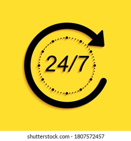 Black Open 24 hours a day and 7 days a week icon isolated on yellow background. All day cyclic icon. Long shadow style. Vector.