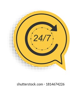 Black Open 24 hours a day and 7 days a week icon isolated on white background. All day cyclic icon. Yellow speech bubble symbol. Vector.