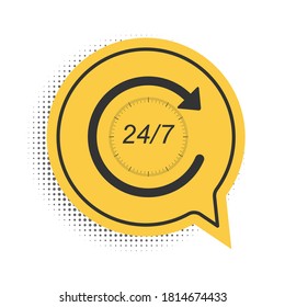 Black Open 24 hours a day and 7 days a week icon isolated on white background. All day cyclic icon. Yellow speech bubble symbol. Vector.