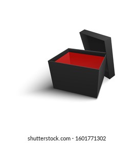 Black open blank box with cover standing behind it realistic style, vector illustration isolated on white background. Mockup of 3d empty dark cardboard package with red inner side