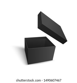 Black open blank square box with flying cover realistic style, vector illustration isolated on white background. Mockup of 3d empty dark cardboard package with hovering lid