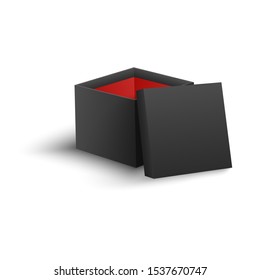 Black open blank square box with cover leaning on its edge realistic style, vector illustration isolated on white background. Mockup of 3d empty dark cardboard package with red inner side