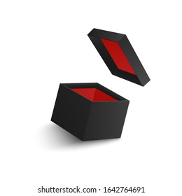 Black open blank square box with flying cover and red inner side realistic style, vector illustration isolated on white background. Mockup of 3d empty dark cardboard package with hovering lid