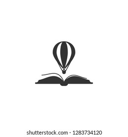 Black open book with air balloon isolated on white background. Vector flat illustration. Magic fairytale reading logo. Imagination and inspiration picture. Fantasy. Creative kids