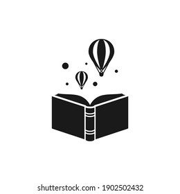 Black Open Book With Air Balloons Isolated On White Background. Vector Flat Illustration. Magic Fairytale Reading Logo. Imagination And Inspiration Picture. Fantasy. Creative Kids