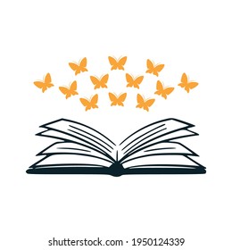 black open book with butterfly hand drawn on white background stock vector illustration .