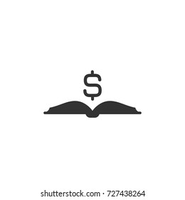 Black Open book with black dollar sign flying out isolated on white.  Money book business concept. Flat vector illustration. Account book symbol.  Investment ideas.