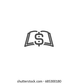 Black Open book with black dollar signs flying out isolated on white.  Money book business concept. Flat vector illustration. Account book symbol.  Investment ideas.