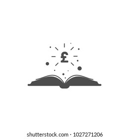 Black Open book with dots, stars and black dollar sign flying out isolated on white.  Money book business concept. Flat vector illustration. Account book symbol.  Investment ideas.