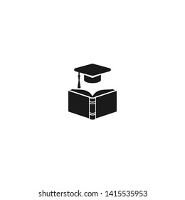 black open book with graduation cap or mortar board.  Isolated on white background. Flat reading icon. Vector illustration. Education logo. Knowledge pictogram.