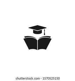 black open book with graduation cap or mortar board.  Isolated on white background. Flat reading icon. Vector illustration. Education logo. Knowledge pictogram.