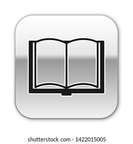 Black Open book icon isolated on white background. Silver square button. Vector Illustration