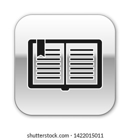 Black Open book icon isolated on white background. Silver square button. Vector Illustration