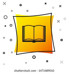 Black Open book icon isolated on white background. Yellow square button. Vector Illustration