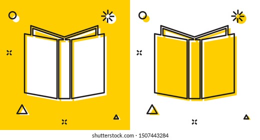 Black Open book icon isolated on yellow and white background. Random dynamic shapes. Vector Illustration