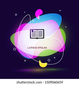Black Open book icon isolated on dark blue background. Abstract banner with liquid shapes. Vector Illustration