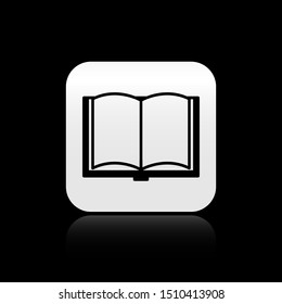 Black Open book icon isolated on black background. Silver square button. Vector Illustration