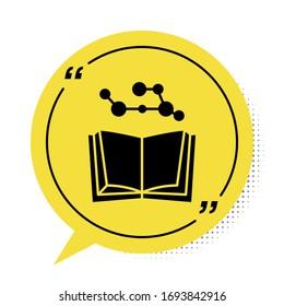 Black Open book icon isolated on white background. Yellow speech bubble symbol. Vector Illustration
