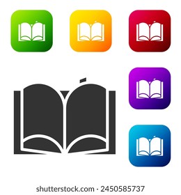 Icono de libro abierto negro aislado sobre fondo blanco. Establecer iconos en Botones cuadrados de color. Ilustración vectorial