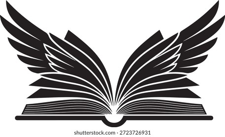 Livro aberto preto com asas estilizadas espalhando-se para cima sobre um fundo branco conhecimento voador