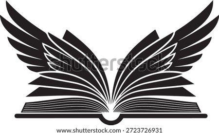 Black open book with stylized wings spreading upwards on a white background flying knowledge