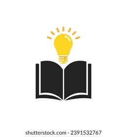 schwarz offenes Buch mit gelber Glühbirne mit Schatten. flacher Trend moderne Broschüre Logotype Grafik Design Web-Element einzeln auf Weiß. Piktogramm für Verlags- oder Buchhandlungen