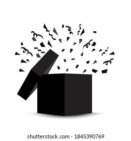 Black open box with confetti. Black gift with a surprise. Vector illustration. Stock image.