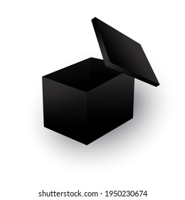 Caja negra abierta. Burla de presentación realista. Plantilla de caja de regalo abierta vacía. Imagen de archivo. Ilustración vectorial. EPS 10.