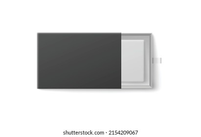 Black open Box slider, mockup, top view, on white background vector realistic illustration. Gift packaging template, open presentation view. Cartons or paper drawer, box slide